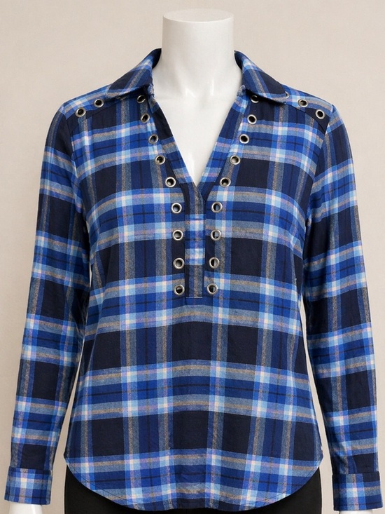 Michael Kors Tops - Michael Kors Blue Plaid Eyelet-Trim Button Down Shirt